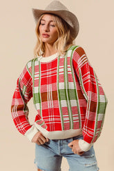 SO ME Christmas Color Checkered Plaid Crew Neck Sweater OutfitFlow